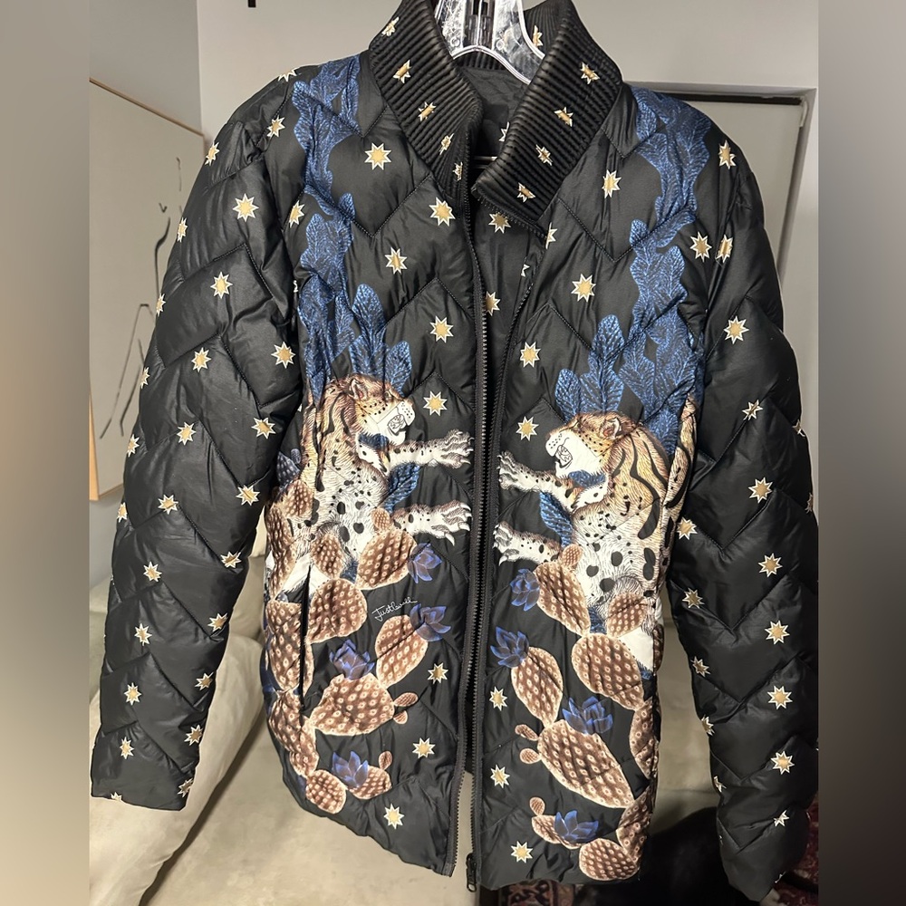 EUC Just Cavalli Puffer Reversible Jacket Tiger Print Black Blue Coat